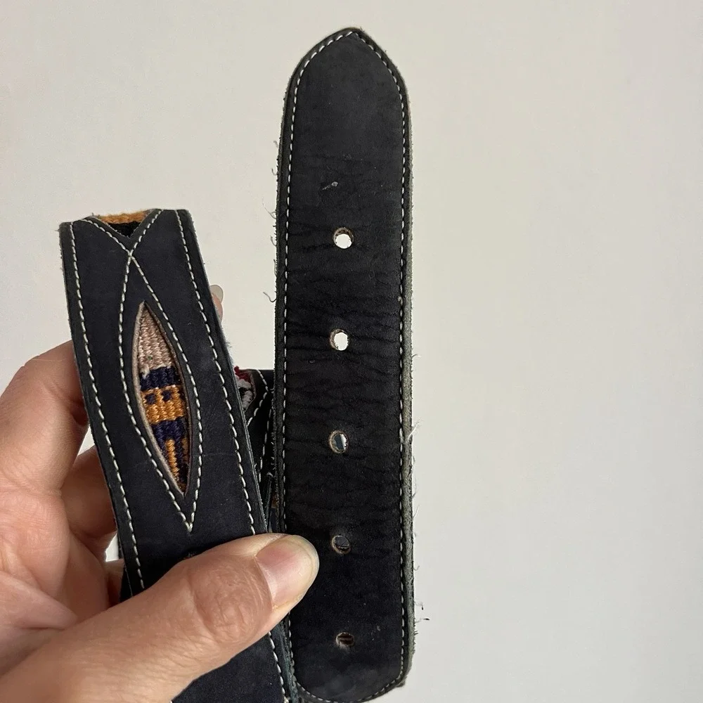 Vintage Blue Leather Southwestern Woven Inlay Belt Boho Artisan 90s Cowgirl